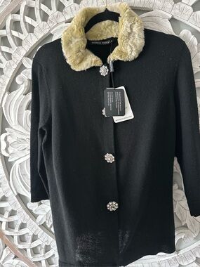 Michelle Nicole Black Sweater with Cream Faux Fur Trim